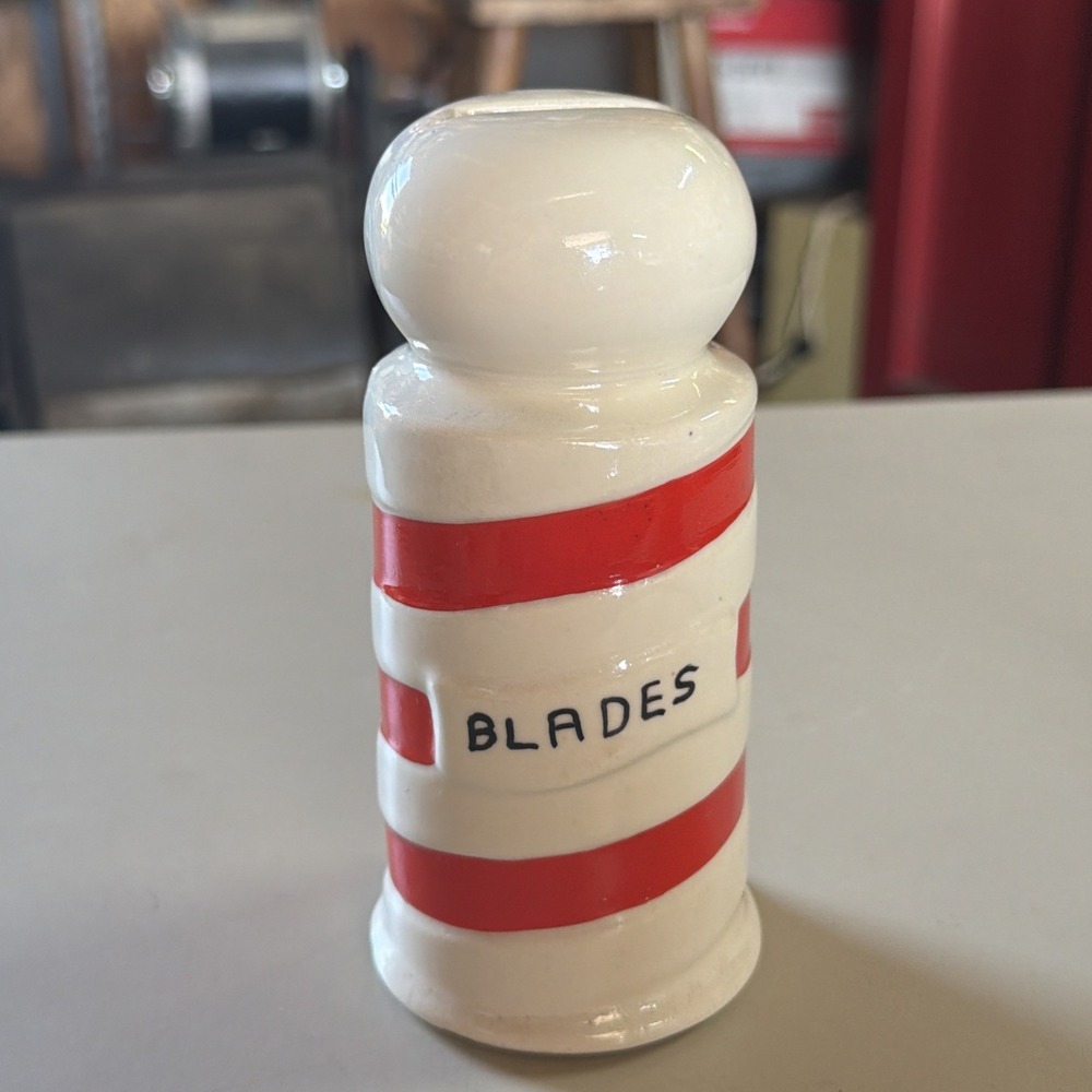 Vintage Ceramic Barber Pole Razor Blade Disposal Container Bank